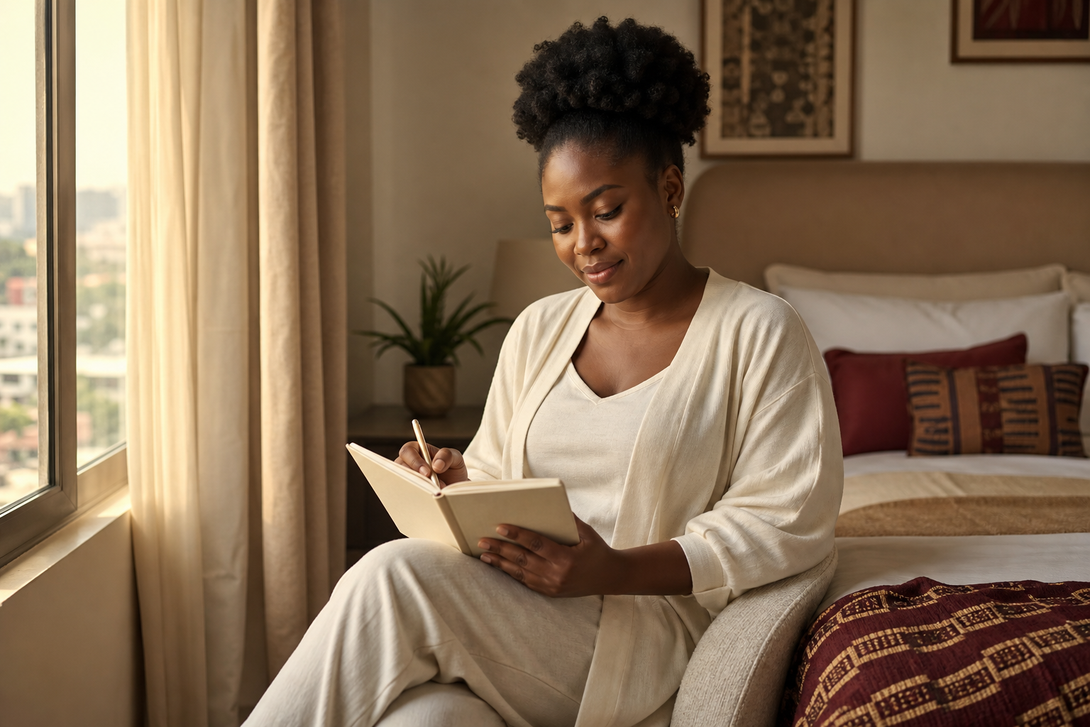 Adult Nigerian woman calmly writing in a wellness journal beside a bedroom window